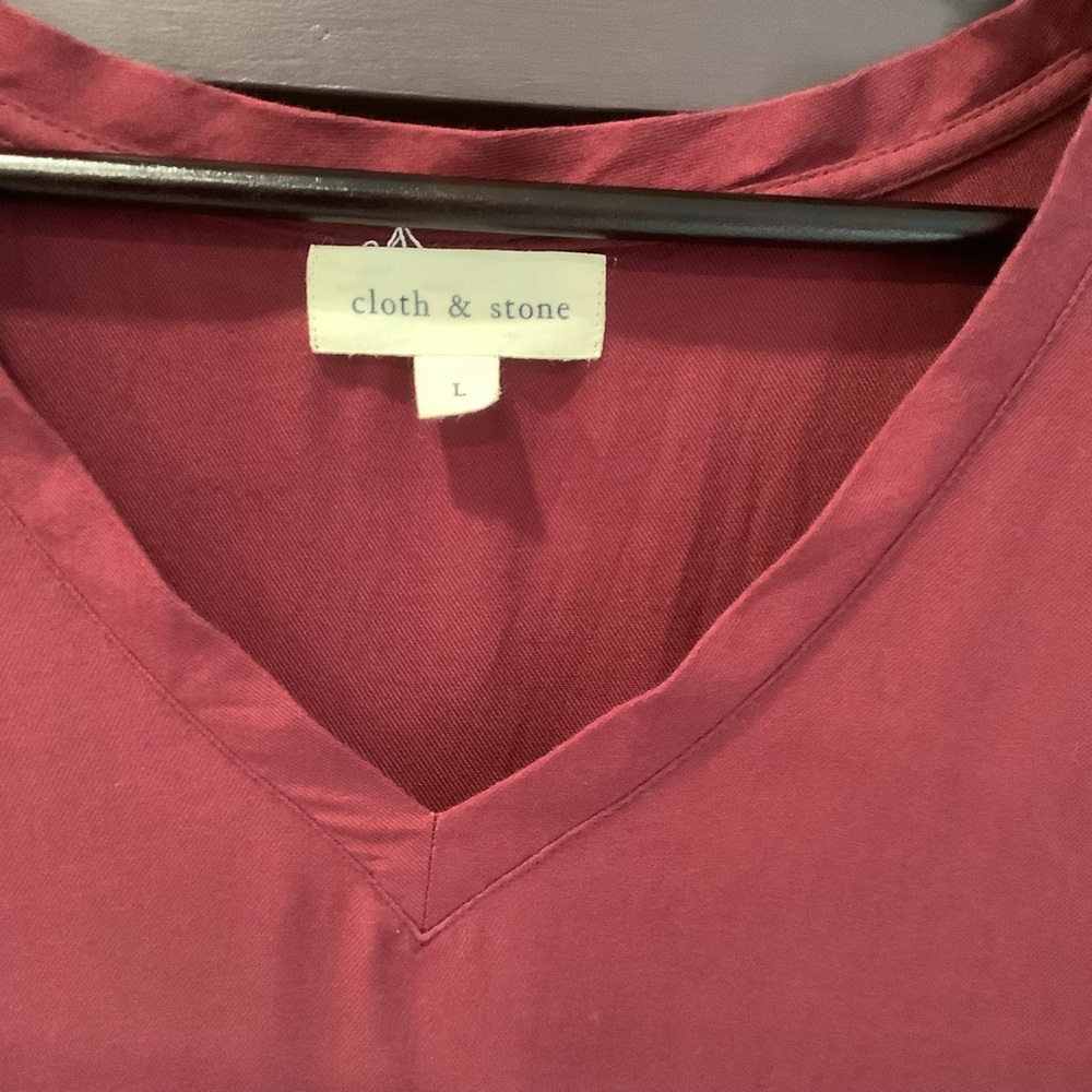 Anthropologie CLOTH & STONE Burgundy V-Neck Short Sleeve Dress Hi-Low Hem Size L - Picture 3 of 10